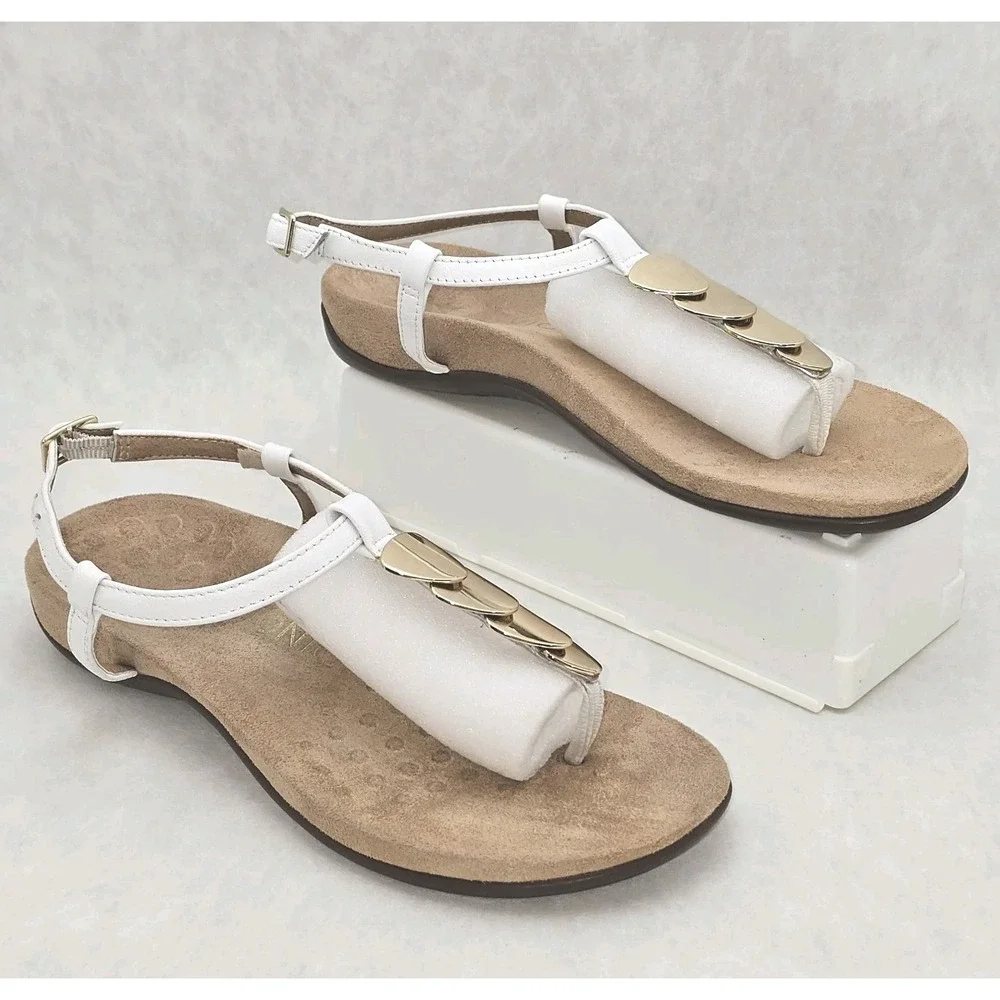 EUC VIONIC Miami Sandals White T Strap w Gold Accents Arch Support Sz 7.5 - Picture 3 of 10